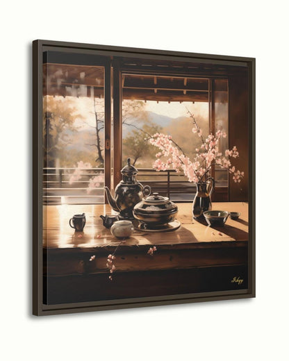 Haru Japanese tea set & cherry blossom art print with tranquil tones. Canvas & framed canvas painting print for kitchen, dining room, or reading nook decor. Japanese Tea Wall Art Print, Cherry Blossom Canvas Painting, Zen Kitchen Wall Decor, Framed T