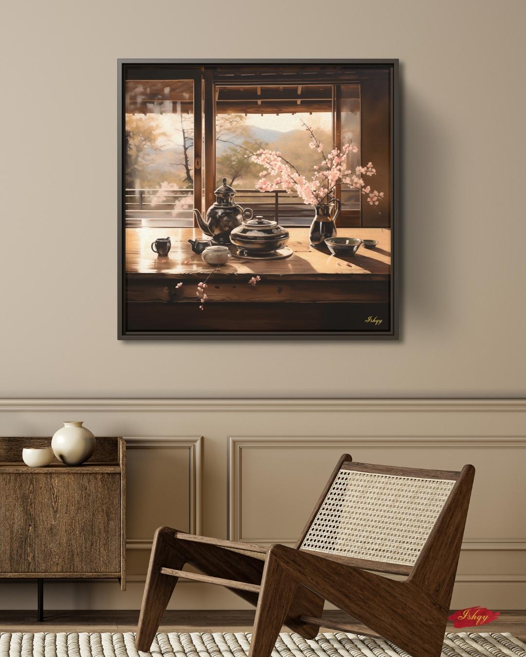 Haru Japanese tea set & cherry blossom art print with tranquil tones. Canvas & framed canvas painting print for kitchen, dining room, or reading nook decor. Japanese Tea Wall Art Print, Cherry Blossom Canvas Painting, Zen Kitchen Wall Decor, Framed T