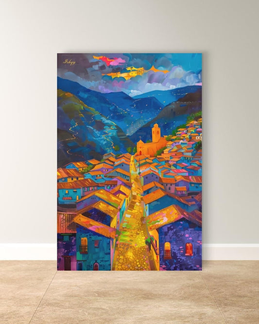 Cuzco Peru Wall Art Print, Vibrant Cityscape Canvas Painting, Colorful Andean Home Decor, Framed Wall Art, Gift for Her or Living Room.&nbsp;Cuzco at Twilight Peruvian cityscape art print with warm tones &amp; mountain charm. Canvas &amp; framed canv