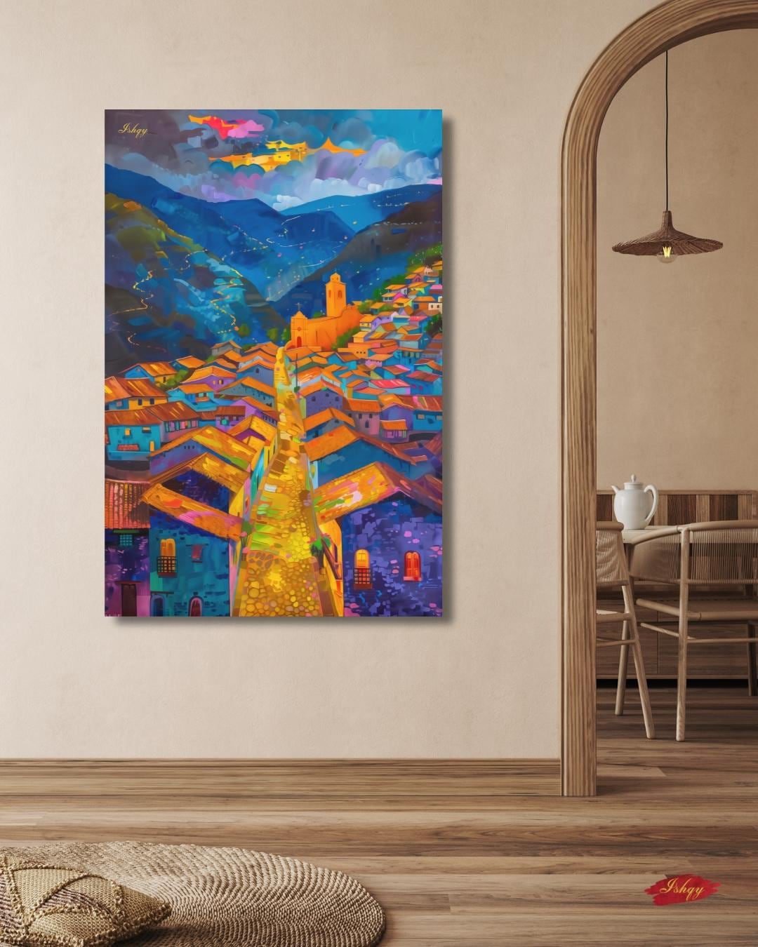 Cuzco Peru Wall Art Print, Vibrant Cityscape Canvas Painting, Colorful Andean Home Decor, Framed Wall Art, Gift for Her or Living Room.&nbsp;Cuzco at Twilight Peruvian cityscape art print with warm tones &amp; mountain charm. Canvas &amp; framed canv