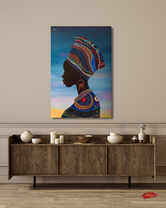 African Woman Silhouette Wall Art Print, Colorful Headwrap Canvas Painting, Cultural Home Decor, Framed Wall Art, Gift for Her. Oba African woman silhouette art print with vibrant headwrap &amp; regal detail. Canvas &amp; framed canvas painting print