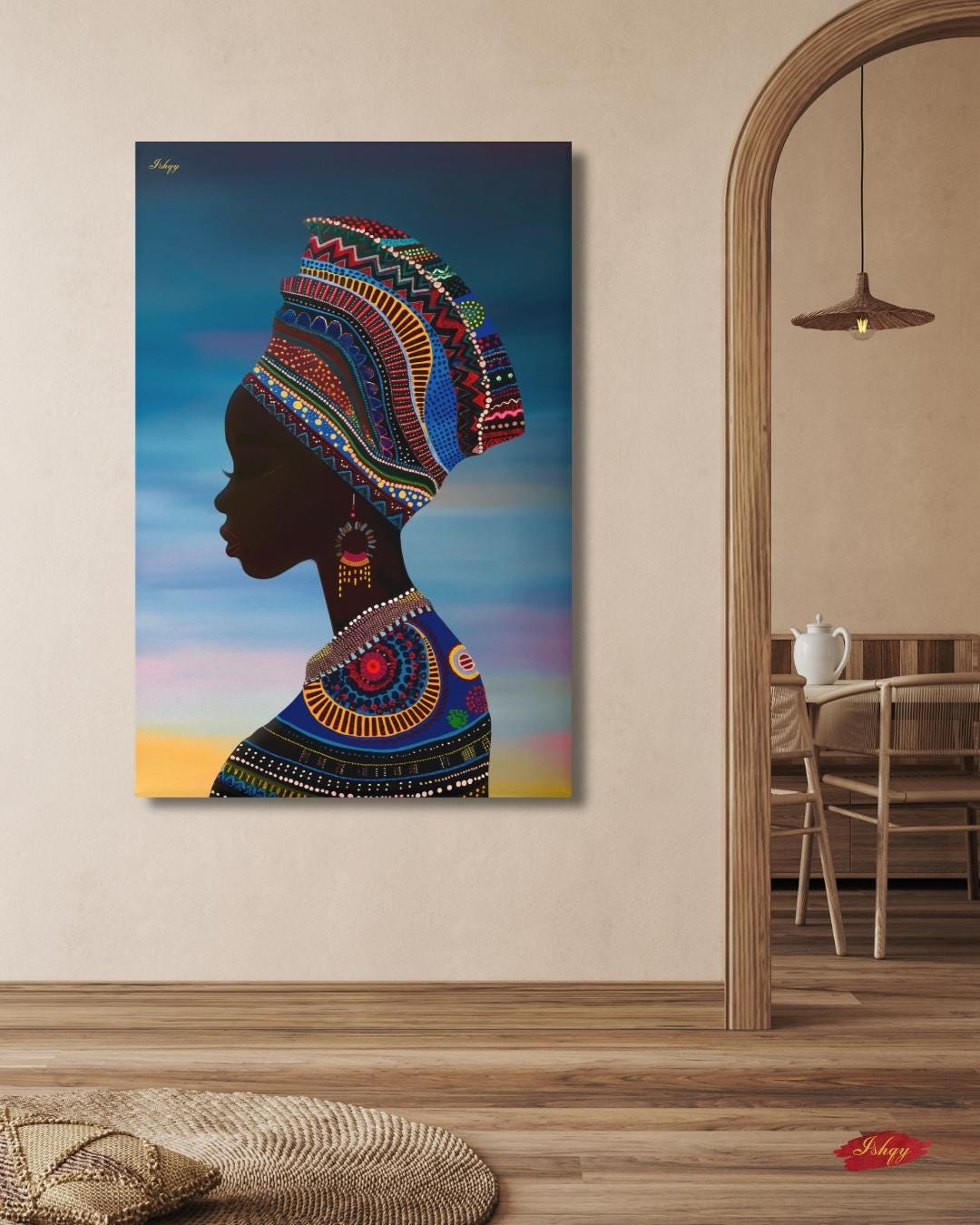 African Woman Silhouette Wall Art Print, Colorful Headwrap Canvas Painting, Cultural Home Decor, Framed Wall Art, Gift for Her. Oba African woman silhouette art print with vibrant headwrap &amp; regal detail. Canvas &amp; framed canvas painting print
