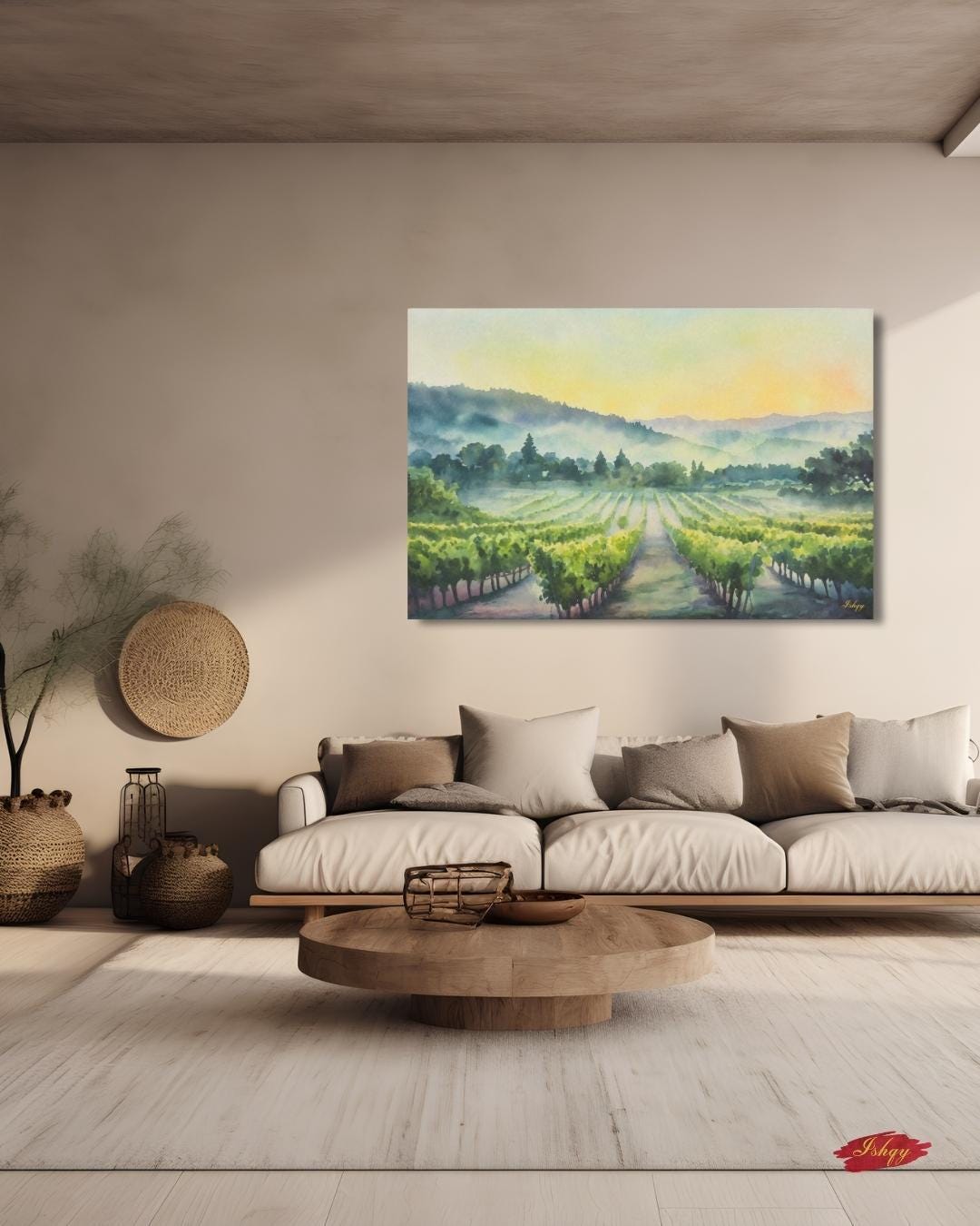 Napa Valley Vineyard Sunrise Painting Print – California Wine Country Landscape Wall Art for Kitchen, Dining Room, or Home Decor. Sunrise Vineyard landscape art print with golden light & misty vines. Canvas & framed canvas painting print for kitchen,