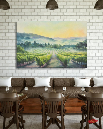 Napa Valley Vineyard Sunrise Painting Print – California Wine Country Landscape Wall Art for Kitchen, Dining Room, or Home Decor. Sunrise Vineyard landscape art print with golden light & misty vines. Canvas & framed canvas painting print for kitchen,