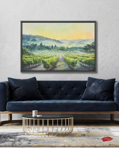 Napa Valley Vineyard Sunrise Painting Print – California Wine Country Landscape Wall Art for Kitchen, Dining Room, or Home Decor. Sunrise Vineyard landscape art print with golden light & misty vines. Canvas & framed canvas painting print for kitchen,