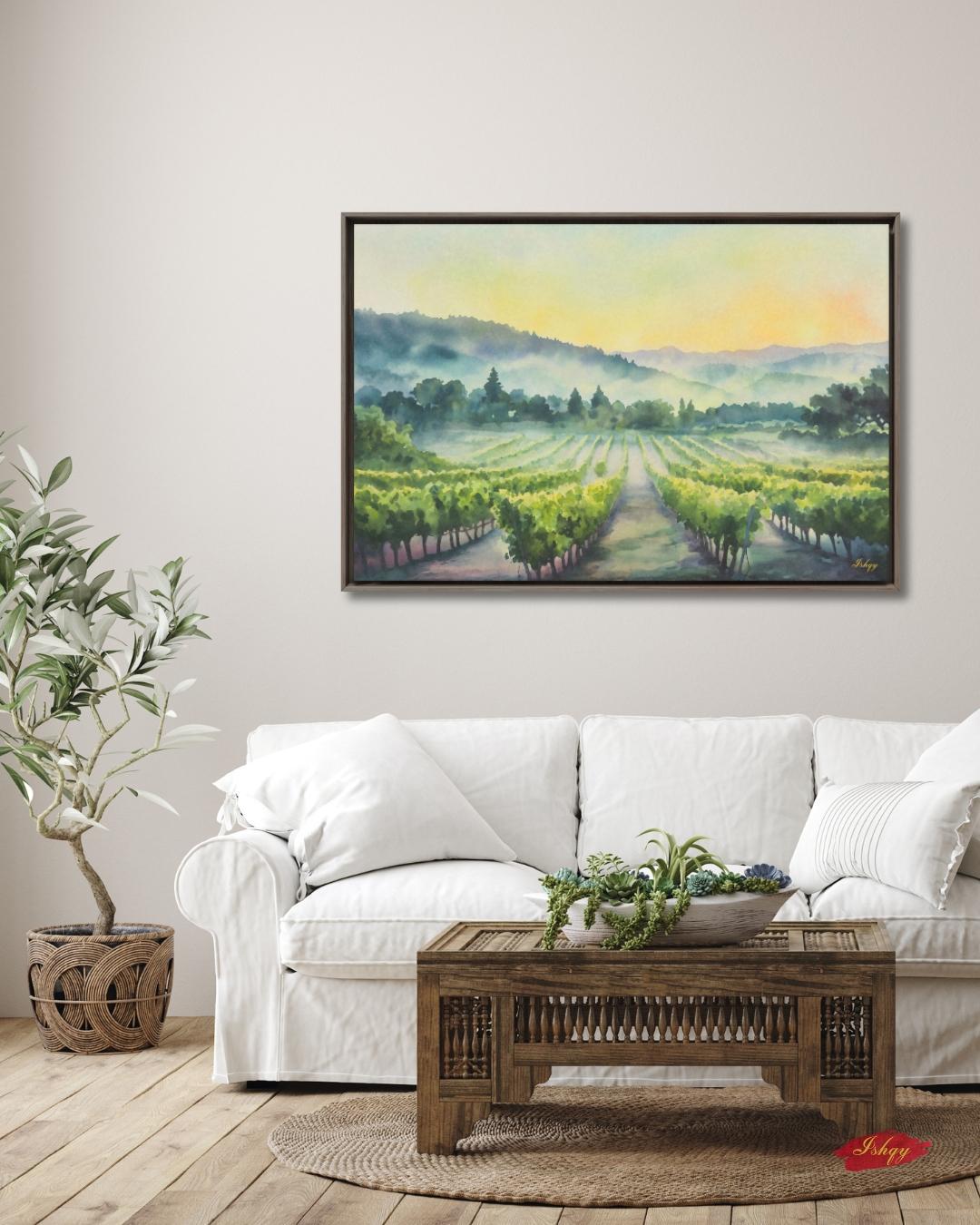 Napa Valley Vineyard Sunrise Painting Print – California Wine Country Landscape Wall Art for Kitchen, Dining Room, or Home Decor. Sunrise Vineyard landscape art print with golden light & misty vines. Canvas & framed canvas painting print for kitchen,