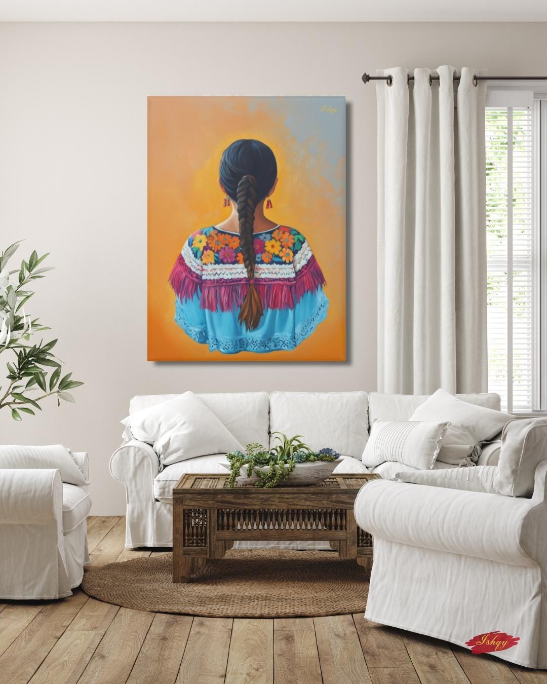 Flor de Oaxaca | Mexican Woman Wall Art Print on Canvas | IshqyBusiness. Celebrate the beauty of Oaxacan womanhood with this vibrant wall art print. Bold flowers, embroidery &amp; braid silhouette on canvas or framed canvas.