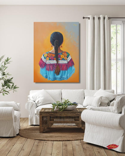 Flor de Oaxaca | Mexican Woman Wall Art Print on Canvas | IshqyBusiness. Celebrate the beauty of Oaxacan womanhood with this vibrant wall art print. Bold flowers, embroidery &amp; braid silhouette on canvas or framed canvas.