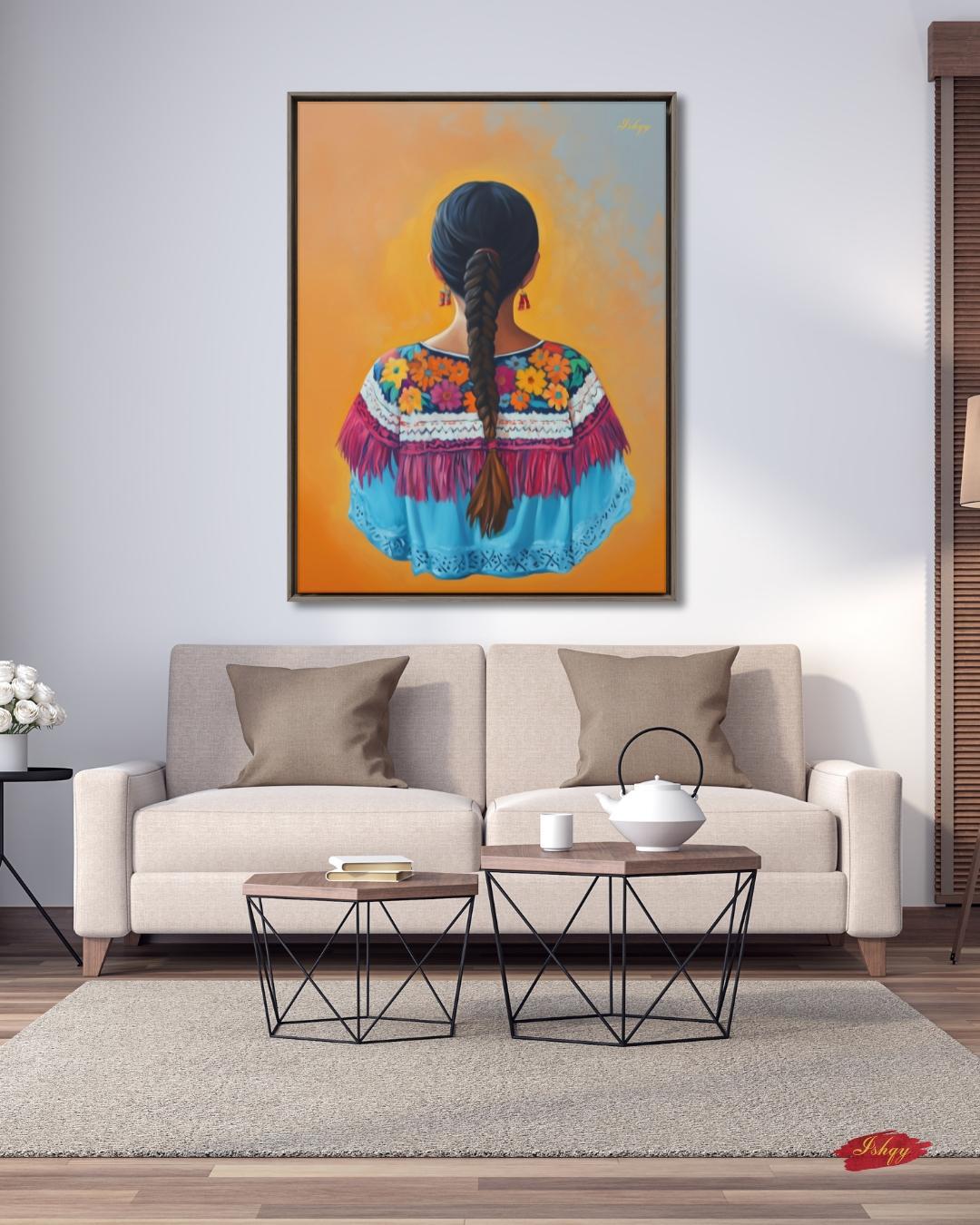 Flor de Oaxaca | Mexican Woman Wall Art Print on Canvas | IshqyBusiness. Celebrate the beauty of Oaxacan womanhood with this vibrant wall art print. Bold flowers, embroidery &amp; braid silhouette on canvas or framed canvas.