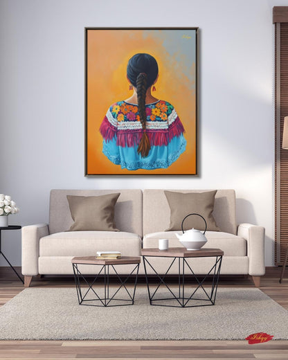 Flor de Oaxaca | Mexican Woman Wall Art Print on Canvas | IshqyBusiness. Celebrate the beauty of Oaxacan womanhood with this vibrant wall art print. Bold flowers, embroidery &amp; braid silhouette on canvas or framed canvas.