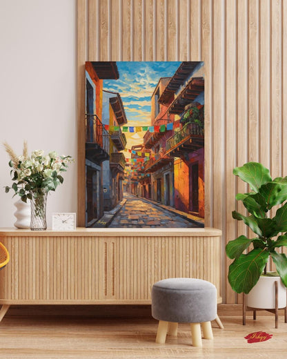Mexican Street Canvas Wall Art, Jalisco Architecture Painting Print, Colorful Framed Canvas, Mexico Wall Decor, Gift for Her, Art Print.Bring golden Mexican streets into your space with this vibrant Jalisco wall art print, glowing with colonial charm