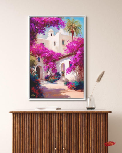Bougainvillea Wall Art Print, Spanish Mission Canvas, Pink Floral Painting, Framed Canvas or Art Print, Vibrant Mexico Home Decor Gift. Bring warmth and color home with this Mexican courtyard wall art print. Casa Bugambilia features vibrant bougainvi