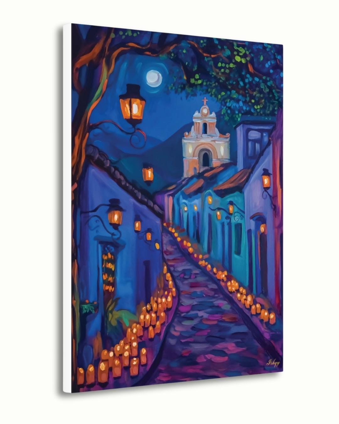 Día de los Muertos Wall Art, Mexican Alley Candle Painting, Framed Canvas or Art Print, Day of the Dead Decor, Latin Culture Home Gift.&nbsp;Celebrate the spirit of Día de los Muertos with this glowing candlelit Mexican street scene. Luz de los Muert