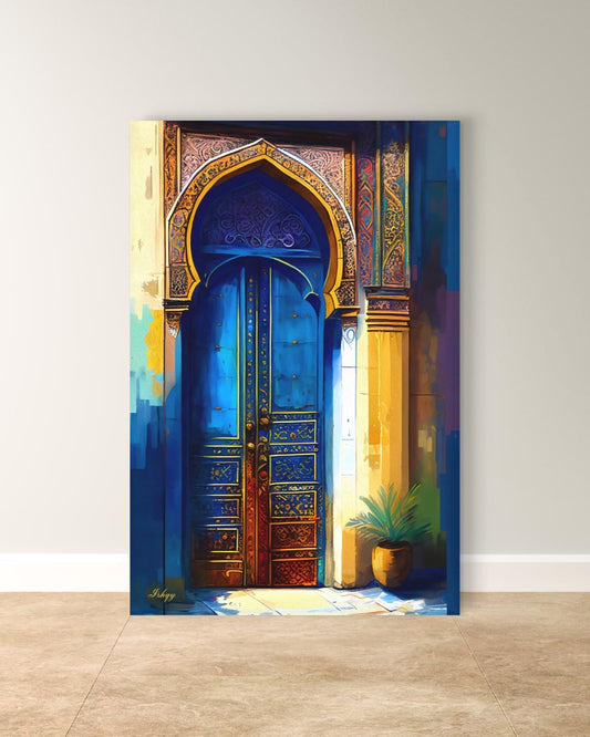 Moroccan Wall Art, Blue Door Canvas Print, Islamic Architecture Painting, Exotic Home Decor, Arabic Arch Artwork, Framed Canvas Gift.&nbsp;Islamic blue and gold archway art print. Canvas and framed canvas decor inspired by Middle Eastern architecture
