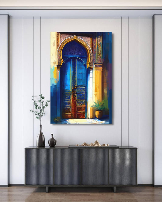 Moroccan Wall Art, Blue Door Canvas Print, Islamic Architecture Painting, Exotic Home Decor, Arabic Arch Artwork, Framed Canvas Gift.&nbsp;Islamic blue and gold archway art print. Canvas and framed canvas decor inspired by Middle Eastern architecture