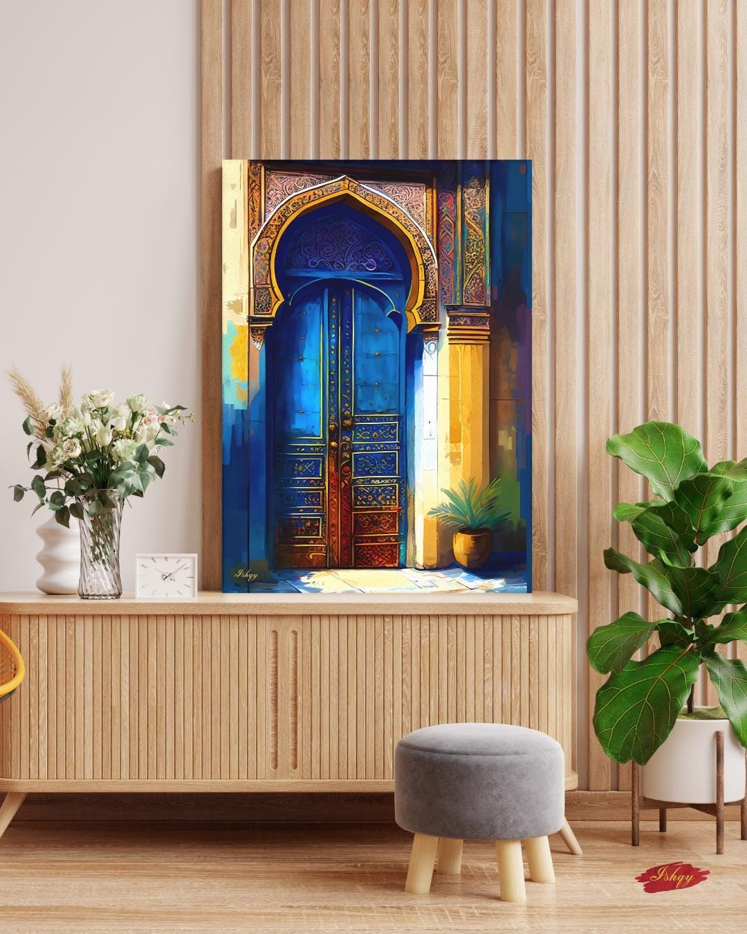 Moroccan Wall Art, Blue Door Canvas Print, Islamic Architecture Painting, Exotic Home Decor, Arabic Arch Artwork, Framed Canvas Gift.&nbsp;Islamic blue and gold archway art print. Canvas and framed canvas decor inspired by Middle Eastern architecture