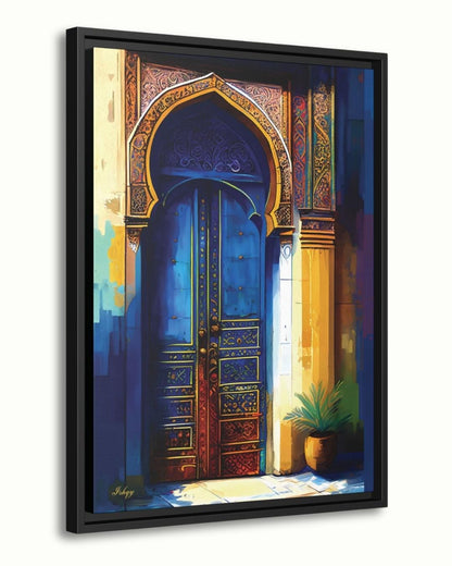 Moroccan Wall Art, Blue Door Canvas Print, Islamic Architecture Painting, Exotic Home Decor, Arabic Arch Artwork, Framed Canvas Gift.&nbsp;Islamic blue and gold archway art print. Canvas and framed canvas decor inspired by Middle Eastern architecture
