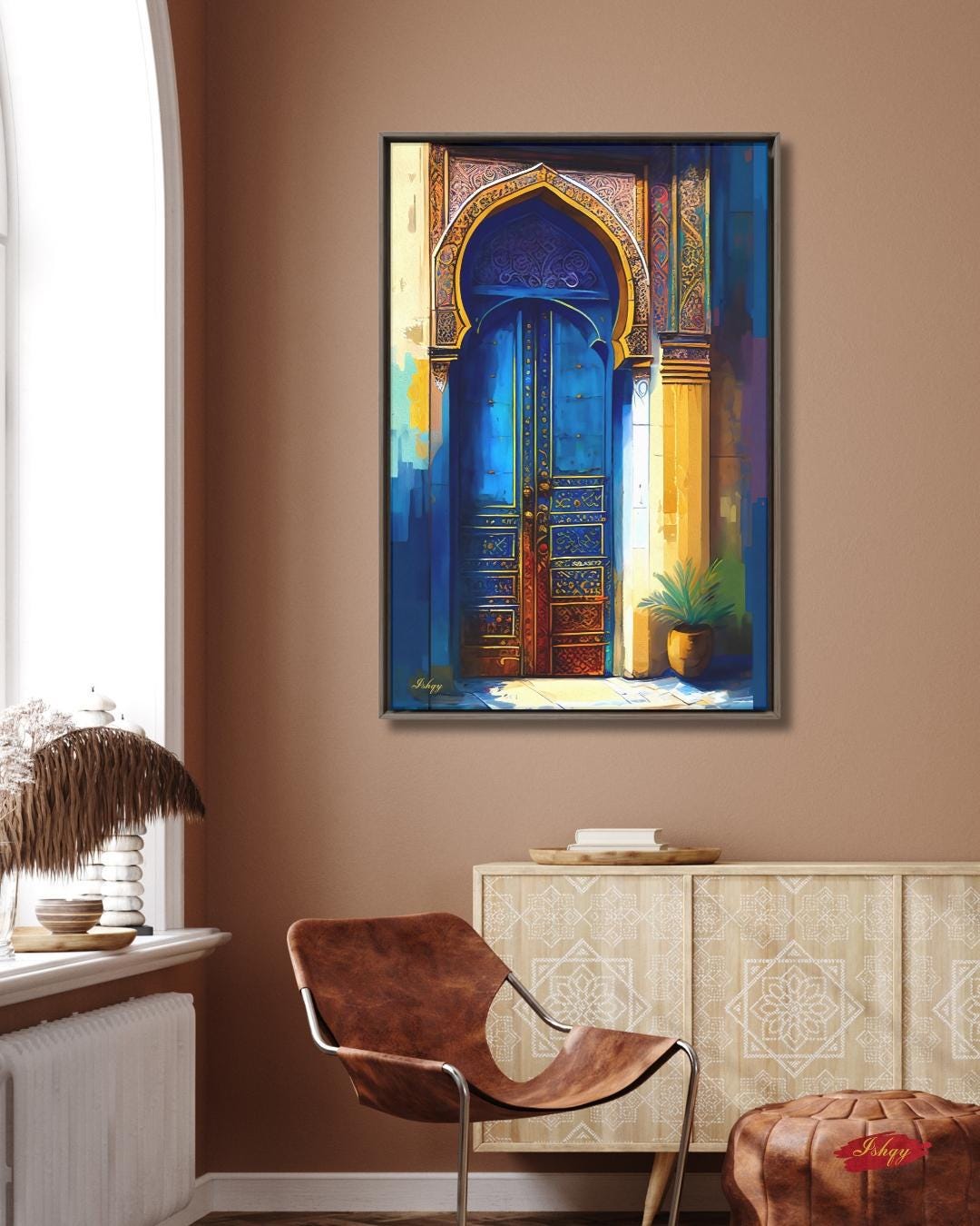 Moroccan Wall Art, Blue Door Canvas Print, Islamic Architecture Painting, Exotic Home Decor, Arabic Arch Artwork, Framed Canvas Gift.&nbsp;Islamic blue and gold archway art print. Canvas and framed canvas decor inspired by Middle Eastern architecture