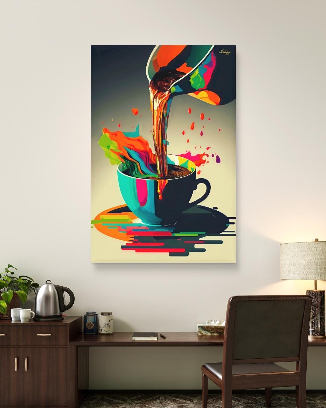 Coffee Wall Art, Colorful Coffee Cup Canvas, Modern Abstract Kitchen Art, Barista Gift, Espresso Print, Cafe Wall Decor, Framed Canvas.&nbsp;Bold and colorful coffee art print with abstract splash. Perfect canvas or framed canvas for kitchen or café
