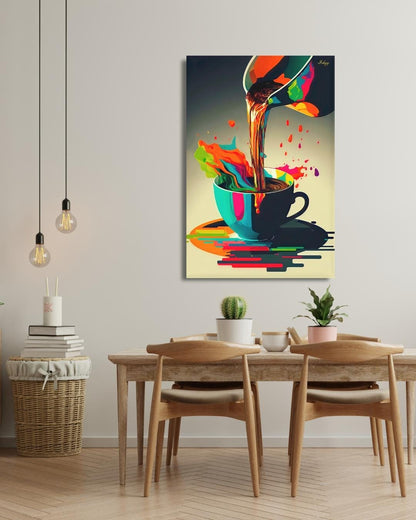 Coffee Wall Art, Colorful Coffee Cup Canvas, Modern Abstract Kitchen Art, Barista Gift, Espresso Print, Cafe Wall Decor, Framed Canvas.&nbsp;Bold and colorful coffee art print with abstract splash. Perfect canvas or framed canvas for kitchen or café