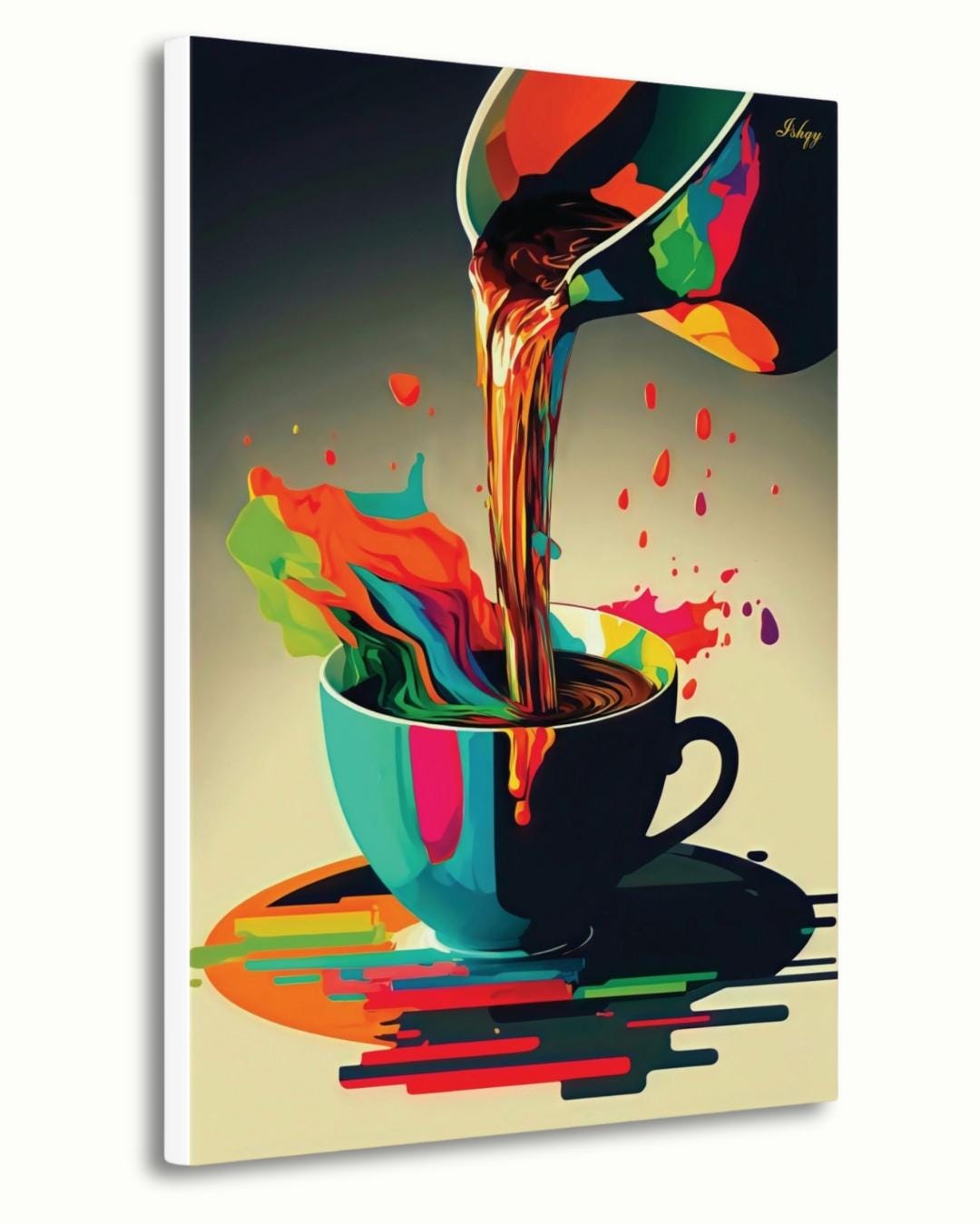 Coffee Wall Art, Colorful Coffee Cup Canvas, Modern Abstract Kitchen Art, Barista Gift, Espresso Print, Cafe Wall Decor, Framed Canvas.&nbsp;Bold and colorful coffee art print with abstract splash. Perfect canvas or framed canvas for kitchen or café