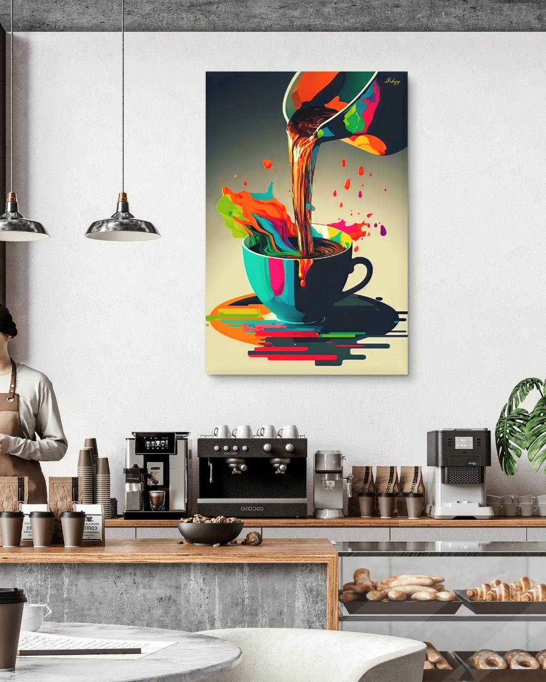 Coffee Wall Art, Colorful Coffee Cup Canvas, Modern Abstract Kitchen Art, Barista Gift, Espresso Print, Cafe Wall Decor, Framed Canvas.&nbsp;Bold and colorful coffee art print with abstract splash. Perfect canvas or framed canvas for kitchen or café