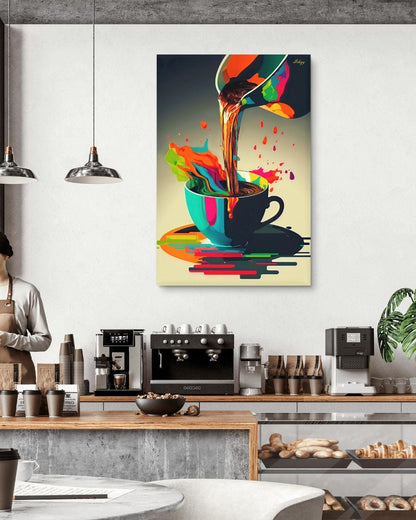 Coffee Wall Art, Colorful Coffee Cup Canvas, Modern Abstract Kitchen Art, Barista Gift, Espresso Print, Cafe Wall Decor, Framed Canvas.&nbsp;Bold and colorful coffee art print with abstract splash. Perfect canvas or framed canvas for kitchen or café