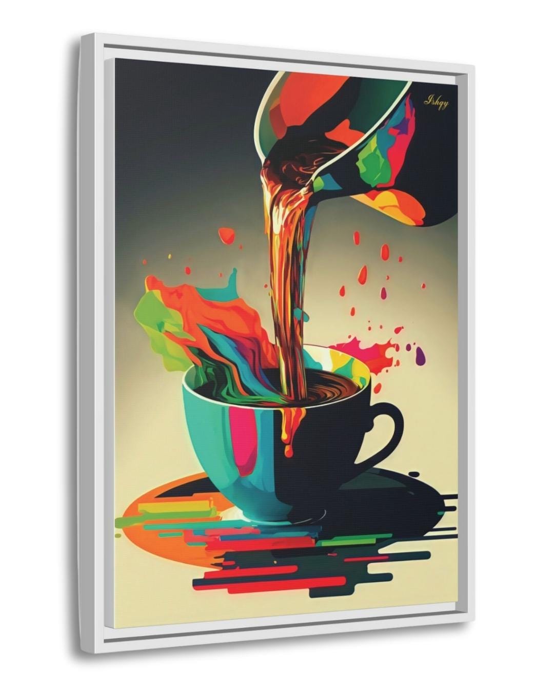 Coffee Wall Art, Colorful Coffee Cup Canvas, Modern Abstract Kitchen Art, Barista Gift, Espresso Print, Cafe Wall Decor, Framed Canvas.&nbsp;Bold and colorful coffee art print with abstract splash. Perfect canvas or framed canvas for kitchen or café