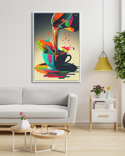 Coffee Wall Art, Colorful Coffee Cup Canvas, Modern Abstract Kitchen Art, Barista Gift, Espresso Print, Cafe Wall Decor, Framed Canvas.&nbsp;Bold and colorful coffee art print with abstract splash. Perfect canvas or framed canvas for kitchen or café
