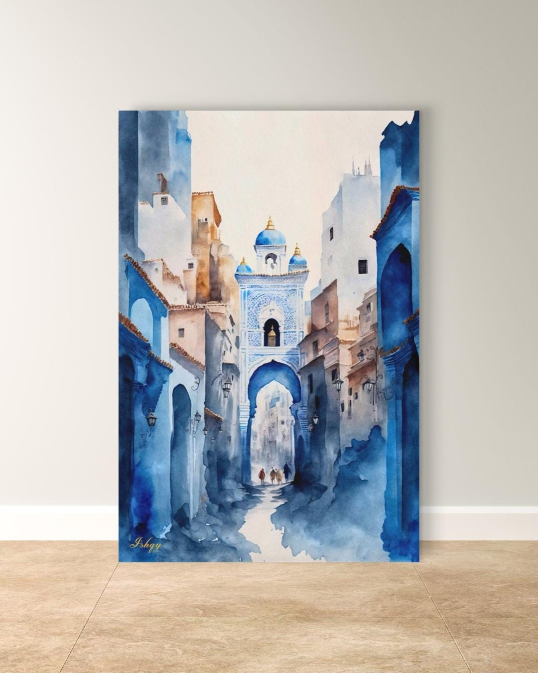 Chefchaouen Wall Art, Blue City Morocco Print, Moroccan Street Painting, Framed Canvas, Watercolor Travel Decor, Islamic Architecture Art. Watercolor Moroccan street scene in Chefchaouen. Blue city canvas or framed canvas wall art for calm, boho, or