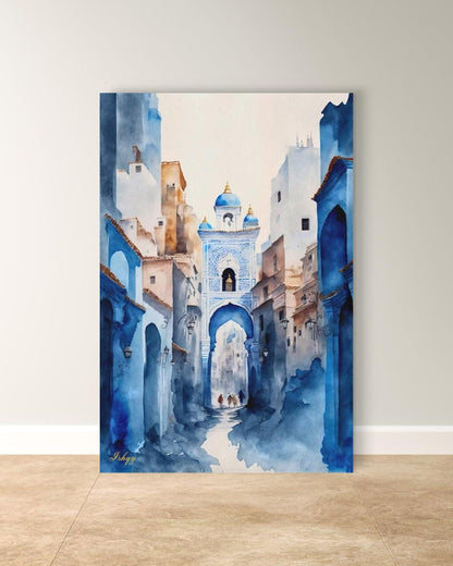 Chefchaouen Wall Art, Blue City Morocco Print, Moroccan Street Painting, Framed Canvas, Watercolor Travel Decor, Islamic Architecture Art. Watercolor Moroccan street scene in Chefchaouen. Blue city canvas or framed canvas wall art for calm, boho, or
