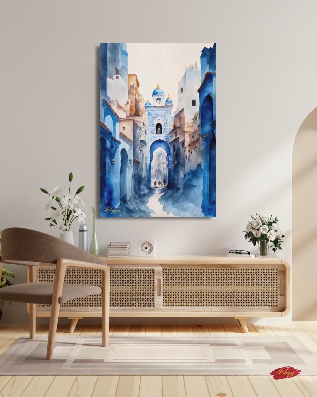 Chefchaouen Wall Art, Blue City Morocco Print, Moroccan Street Painting, Framed Canvas, Watercolor Travel Decor, Islamic Architecture Art. Watercolor Moroccan street scene in Chefchaouen. Blue city canvas or framed canvas wall art for calm, boho, or