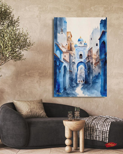 Chefchaouen Wall Art, Blue City Morocco Print, Moroccan Street Painting, Framed Canvas, Watercolor Travel Decor, Islamic Architecture Art. Watercolor Moroccan street scene in Chefchaouen. Blue city canvas or framed canvas wall art for calm, boho, or