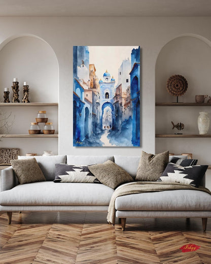 Chefchaouen Wall Art, Blue City Morocco Print, Moroccan Street Painting, Framed Canvas, Watercolor Travel Decor, Islamic Architecture Art. Watercolor Moroccan street scene in Chefchaouen. Blue city canvas or framed canvas wall art for calm, boho, or