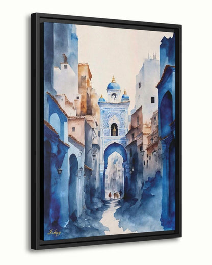 Chefchaouen Wall Art, Blue City Morocco Print, Moroccan Street Painting, Framed Canvas, Watercolor Travel Decor, Islamic Architecture Art. Watercolor Moroccan street scene in Chefchaouen. Blue city canvas or framed canvas wall art for calm, boho, or