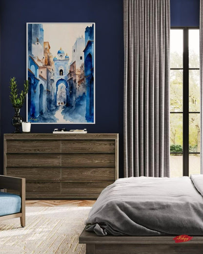 Chefchaouen Wall Art, Blue City Morocco Print, Moroccan Street Painting, Framed Canvas, Watercolor Travel Decor, Islamic Architecture Art. Watercolor Moroccan street scene in Chefchaouen. Blue city canvas or framed canvas wall art for calm, boho, or