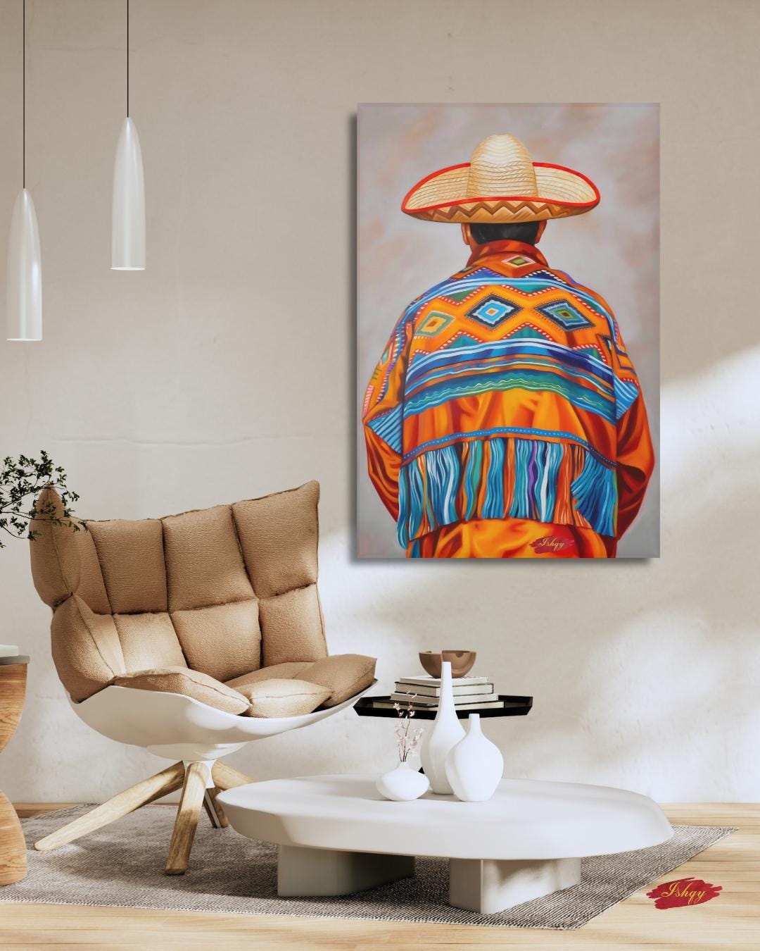 Mexican Wall Art, Charro Painting Print, Sombrero Man Art, Cultural Canvas, Framed Mexican Decor, Fiesta Wall Art, Traditional Mexico Print. Traditional Mexican art print from Jalisco. Vibrant sombrero and poncho wall decor in canvas or framed canvas