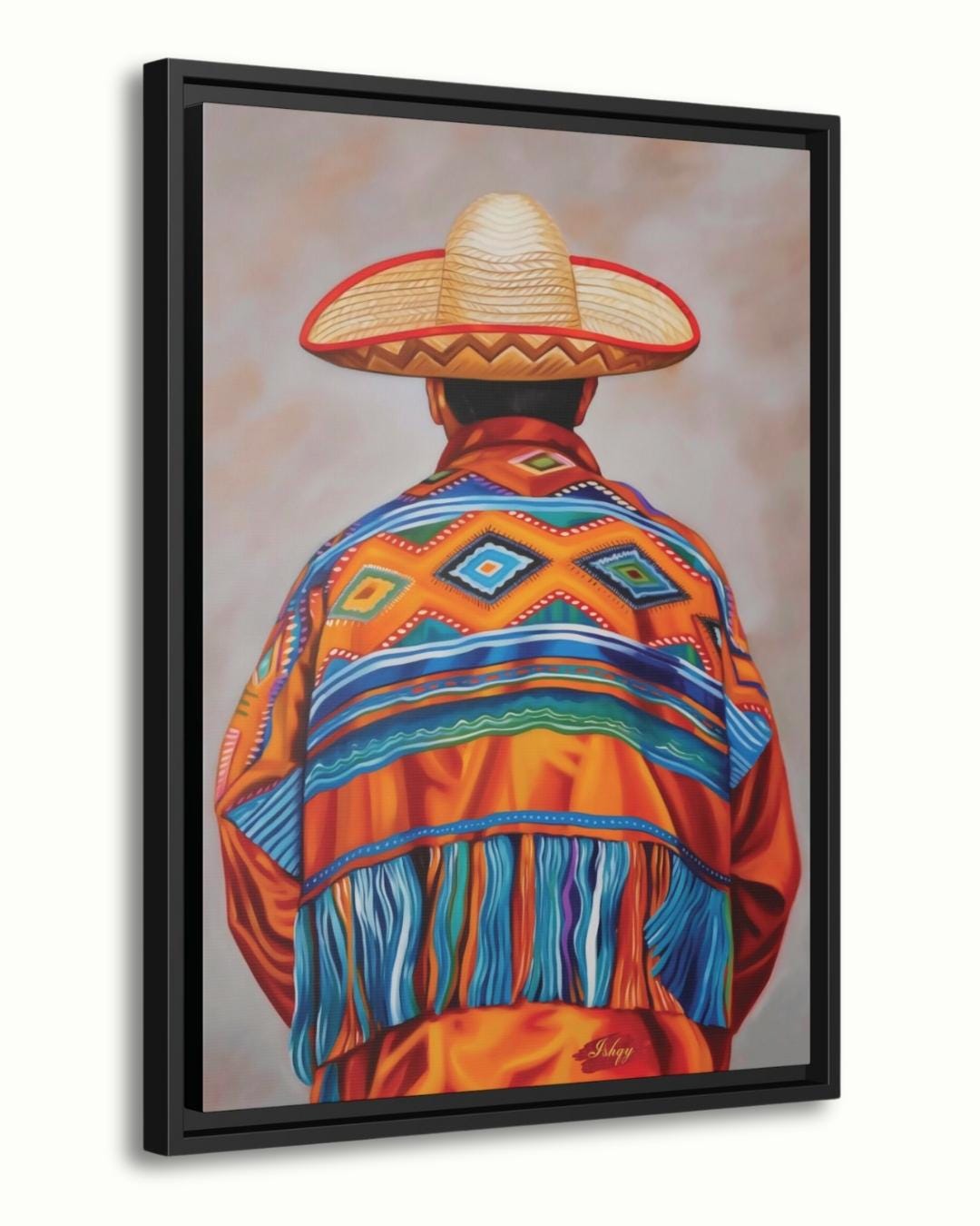 Mexican Wall Art, Charro Painting Print, Sombrero Man Art, Cultural Canvas, Framed Mexican Decor, Fiesta Wall Art, Traditional Mexico Print. Traditional Mexican art print from Jalisco. Vibrant sombrero and poncho wall decor in canvas or framed canvas