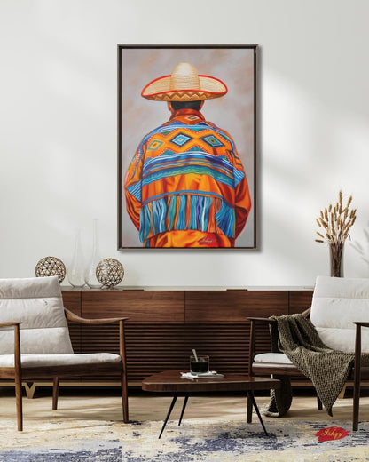 Mexican Wall Art, Charro Painting Print, Sombrero Man Art, Cultural Canvas, Framed Mexican Decor, Fiesta Wall Art, Traditional Mexico Print. Traditional Mexican art print from Jalisco. Vibrant sombrero and poncho wall decor in canvas or framed canvas