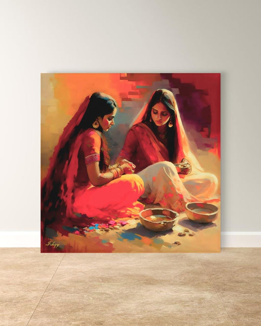Indian Women Wall Art, Desi Kitchen Painting, Rural India Canvas, Framed Indian Print, Cultural Home Decor, Ethnic Wall Art, Desi Poster.&nbsp;This soulful Indian artwork captures two women in a quiet moment of tradition with color and clay. Availabl