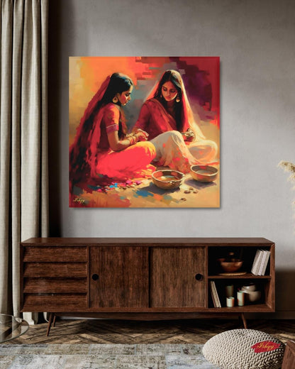 Indian Women Wall Art, Desi Kitchen Painting, Rural India Canvas, Framed Indian Print, Cultural Home Decor, Ethnic Wall Art, Desi Poster.&nbsp;This soulful Indian artwork captures two women in a quiet moment of tradition with color and clay. Availabl