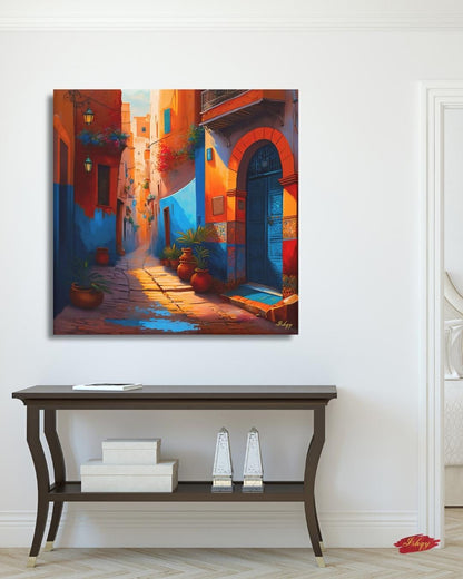 Moroccan Alley Wall Art, Colorful Marrakech Street Canvas, Exotic Travel Framed Print, Vibrant Medina Doorway, Cultural Art Print Decor. Moroccan alley canvas print with vibrant colors and cultural detail. Bring the warmth and charm of Marrakech into