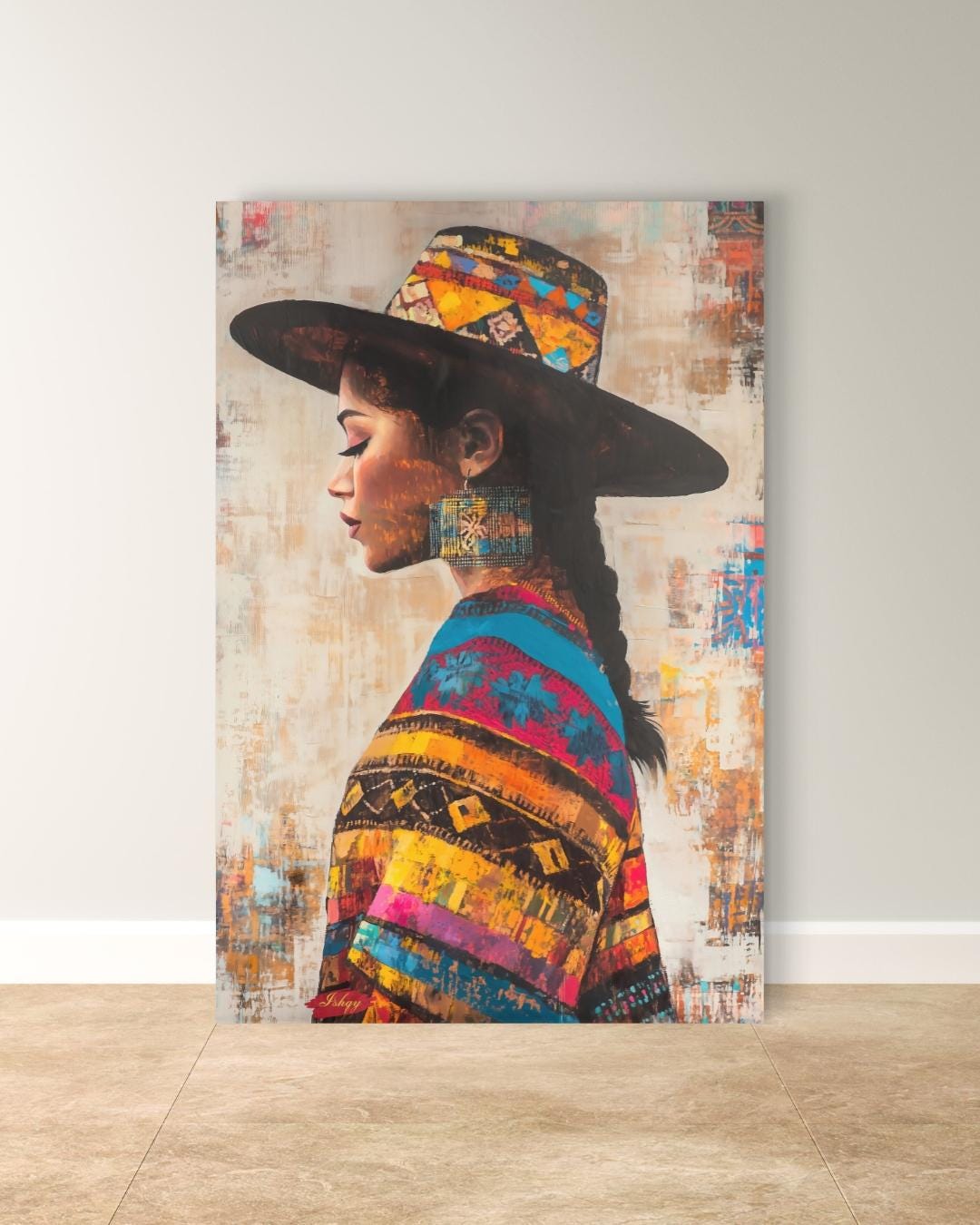 Salvadoran Woman Wall Art, Latin American Portrait Canvas, Cultural Framed Print, Indigenous Textile Art, Central America Home Decor. Colorful Salvadoran woman portrait canvas with cultural textile details and bold texture. Celebrate heritage an
