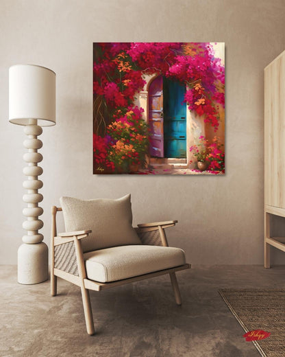 Mexican Door Wall Art, Bougainvillea Doorway Canvas, Colorful Floral Home Decor, Rustic Mexico Painting Print, Framed Vibrant Entry Art. Puerta de Flores canvas print featuring a colorful Spanish door wrapped in bougainvillea. Add vibrant Mediterrane