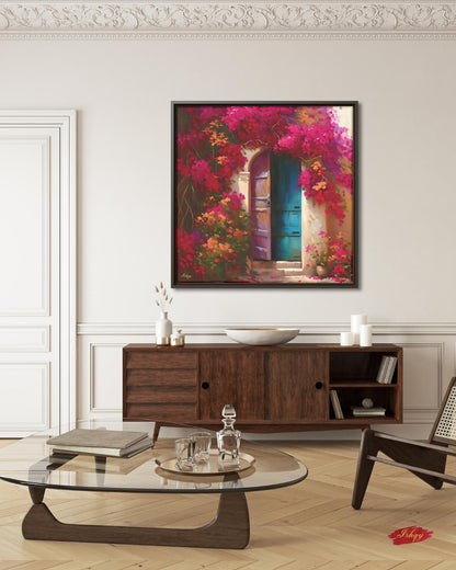 Mexican Door Wall Art, Bougainvillea Doorway Canvas, Colorful Floral Home Decor, Rustic Mexico Painting Print, Framed Vibrant Entry Art. Puerta de Flores canvas print featuring a colorful Spanish door wrapped in bougainvillea. Add vibrant Mediterrane