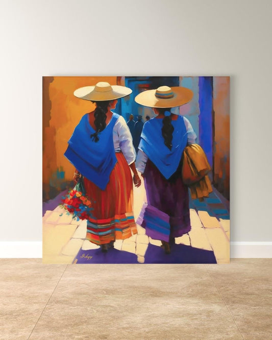 Mexican Women Wall Art, Traditional Oaxaca Street Canvas, Colorful Folk Painting Print, Framed Latin American Home Decor. Comadres canvas wall art featuring two Mexican women in traditional dress walking down a sunlit street. A celebration of si