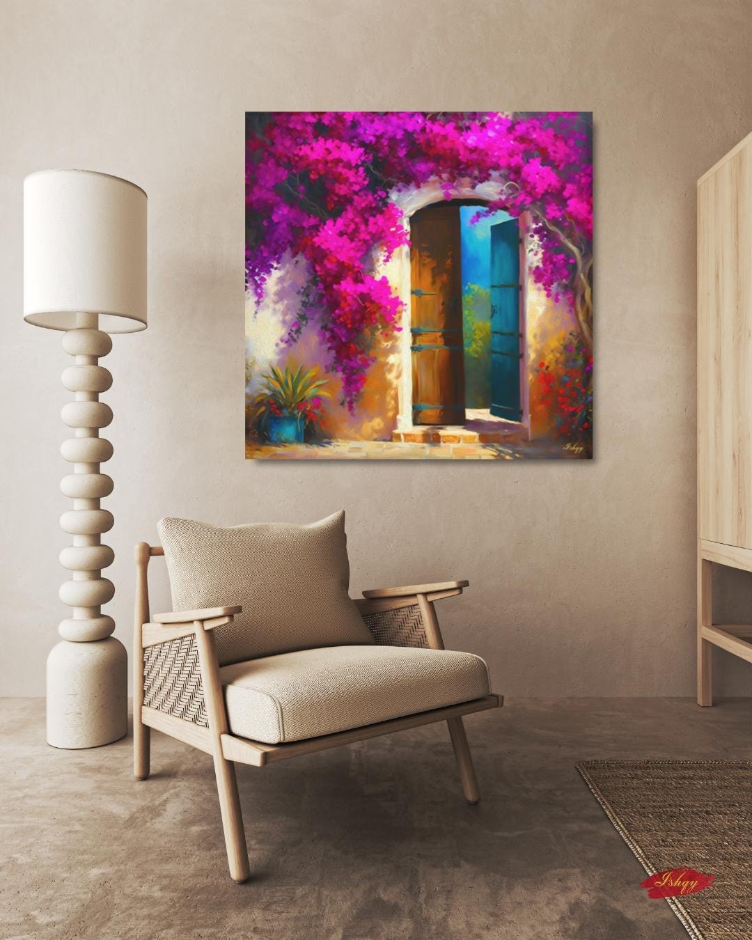 Colorful Door Wall Art, Colombian Home Canvas - Bougainvillea Floral Painting Print, Rustic Tropical Decor, Vibrant Latin American Print