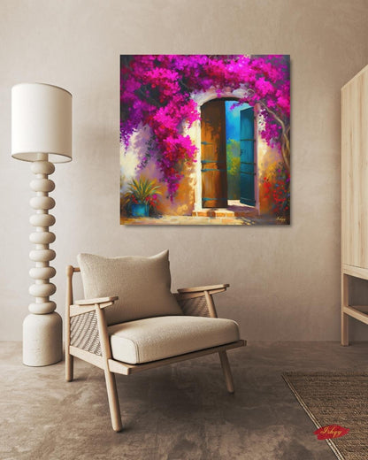 Colorful Door Wall Art, Colombian Home Canvas - Bougainvillea Floral Painting Print, Rustic Tropical Decor, Vibrant Latin American Print