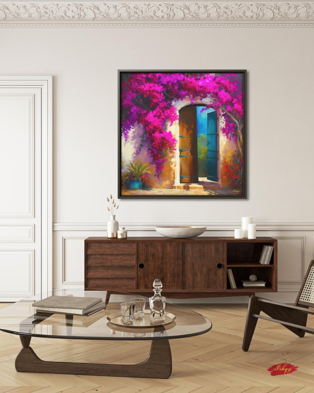 Colorful Door Wall Art, Colombian Home Canvas - Bougainvillea Floral Painting Print, Rustic Tropical Decor, Vibrant Latin American Print