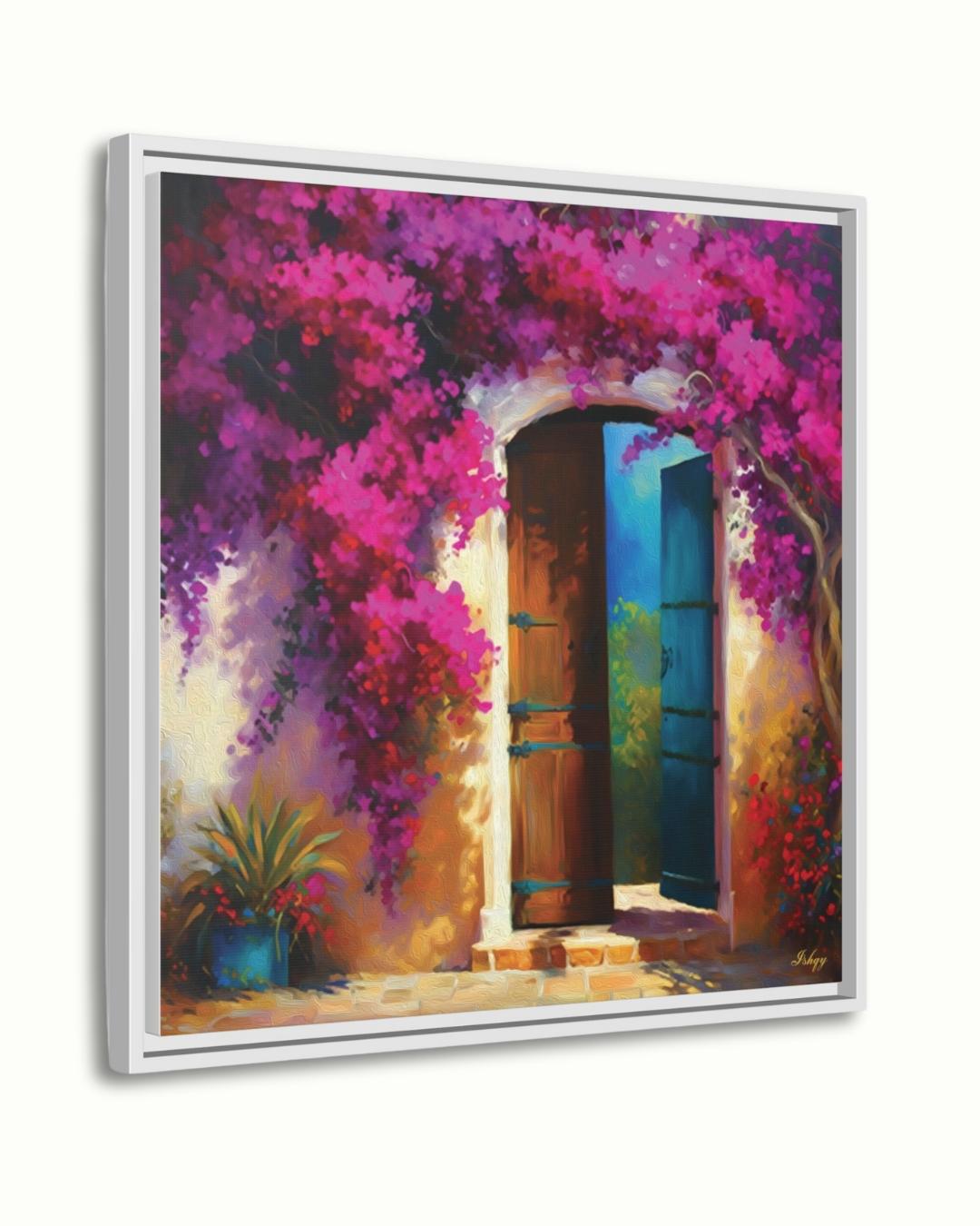 Colorful Door Wall Art, Colombian Home Canvas - Bougainvillea Floral Painting Print, Rustic Tropical Decor, Vibrant Latin American Print
